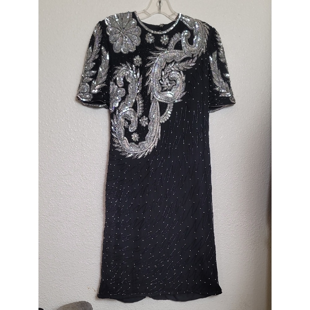 Black Midi Dress with Silver Sequin Embroidery